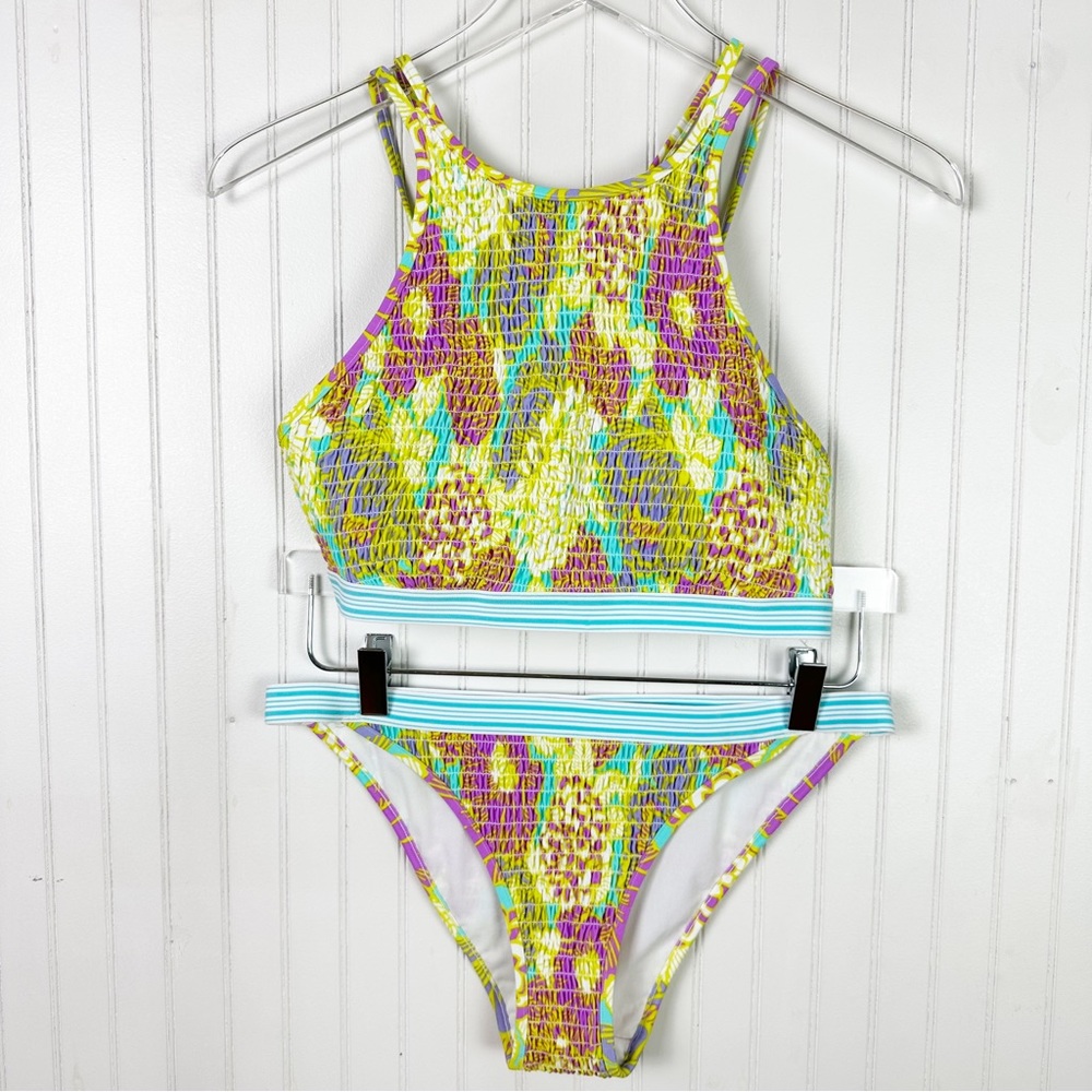 LANDS’ END 2 PIECE PASTEL YELLOW BLUE PINK GATHERED HIPSTER BATHING SUIT M